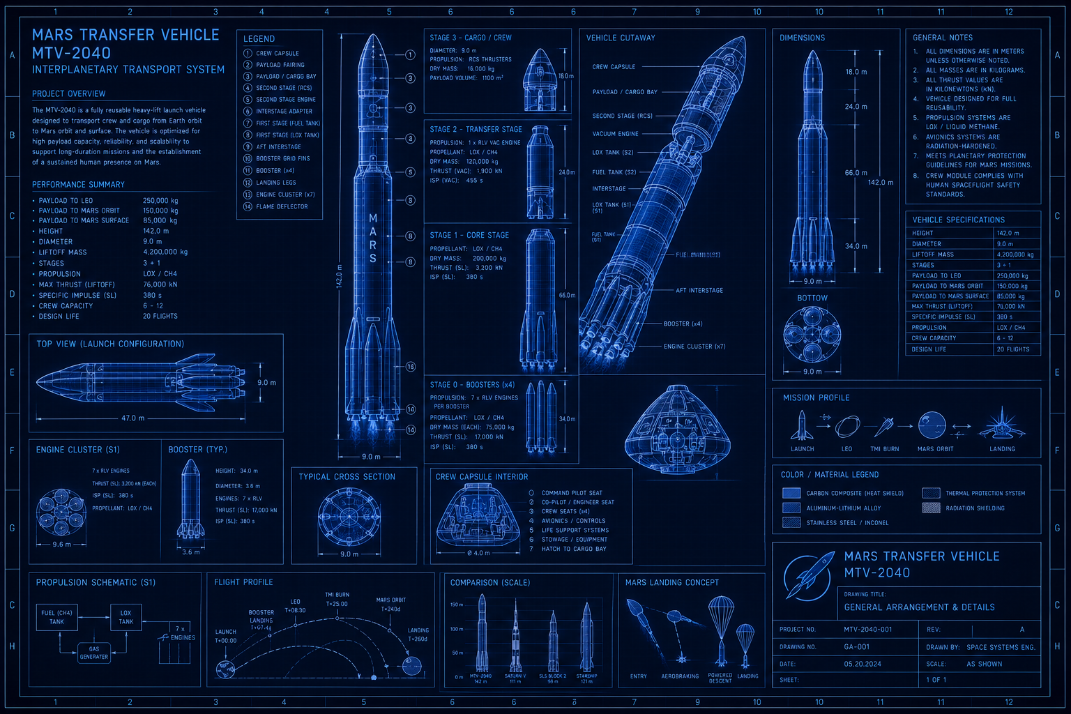 Mars Transfer Vehicle rocket construction milestone schedule blueprint