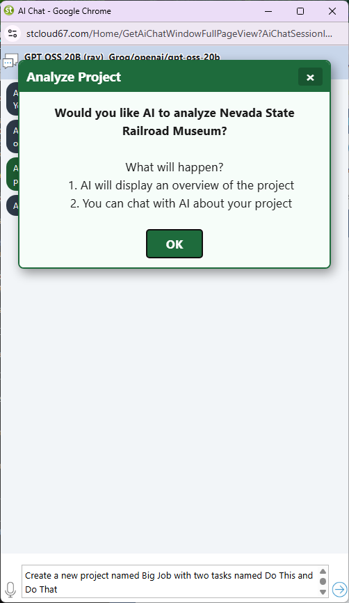 AI chat popup asking whether to analyze the project or tasks