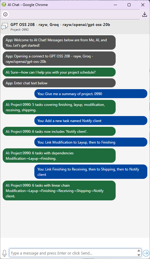 AI chat window analyzing the BESS project schedule and suggesting improvements