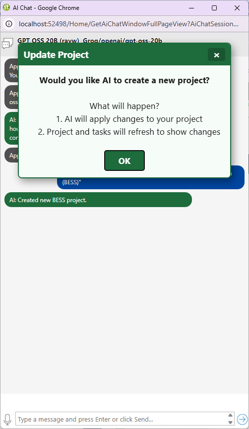 AI chat response showing the project phases created