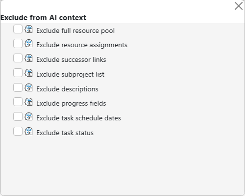 AI exclude context checkbox list — uncheck Exclude full resource pool and Exclude resource assignments