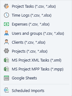 File Import menu showing Project Tasks, Users and groups, and other importable record types