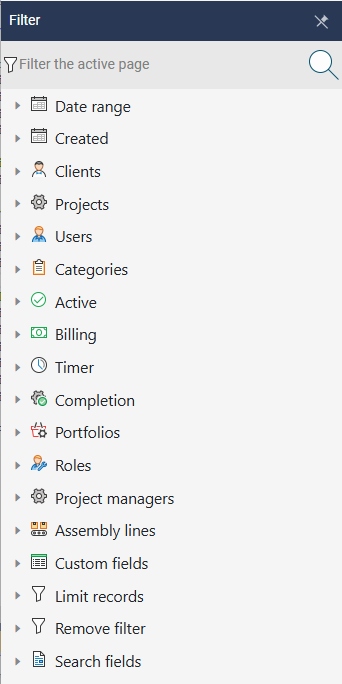 Filter panel showing project filter applied to the active content page