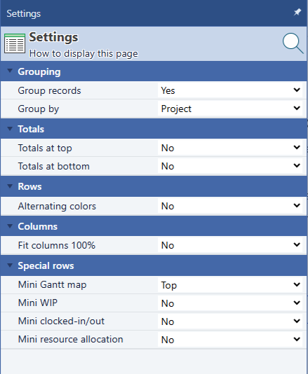 Maverick Settings panel showing the Special rows category with Mini Gantt map, Mini WIP, Mini clocked-in/out, and Mini resource allocation dropdowns