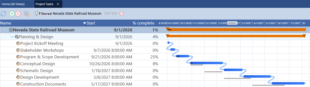 Gantt chart showing percent complete progress bars alongside baseline ghost bars