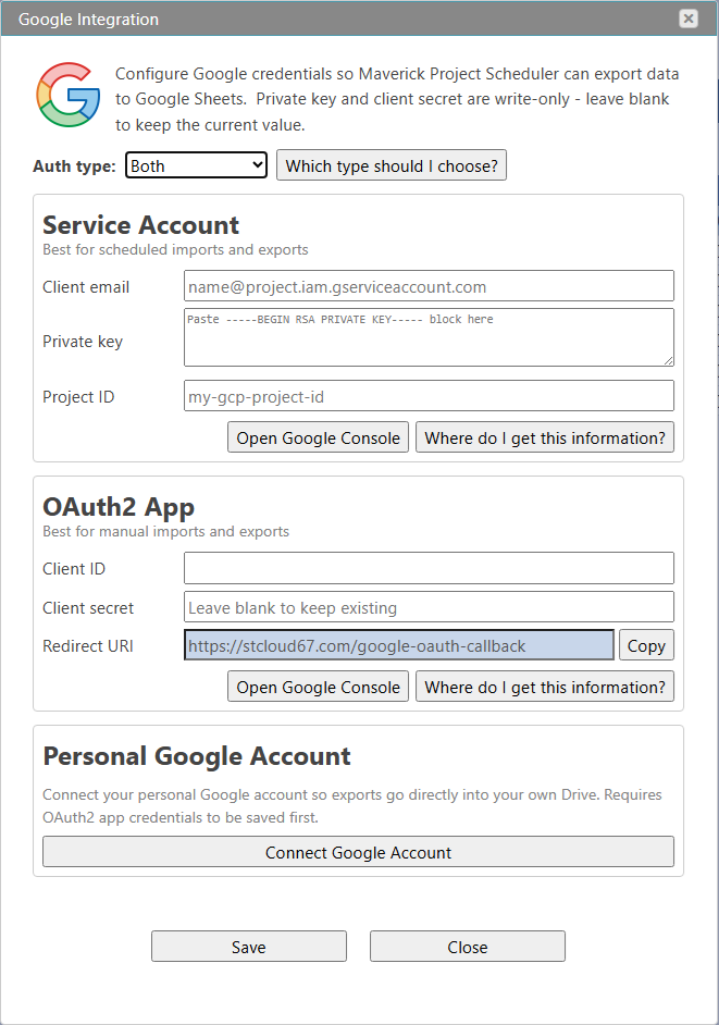 Maverick Google Integration dialog showing Service Account and OAuth2 configuration fields