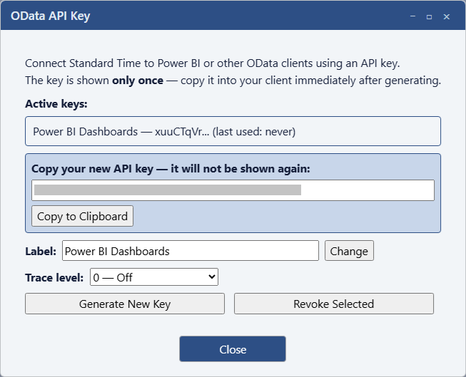 Maverick Generate New API Key dialog showing the key value and label field