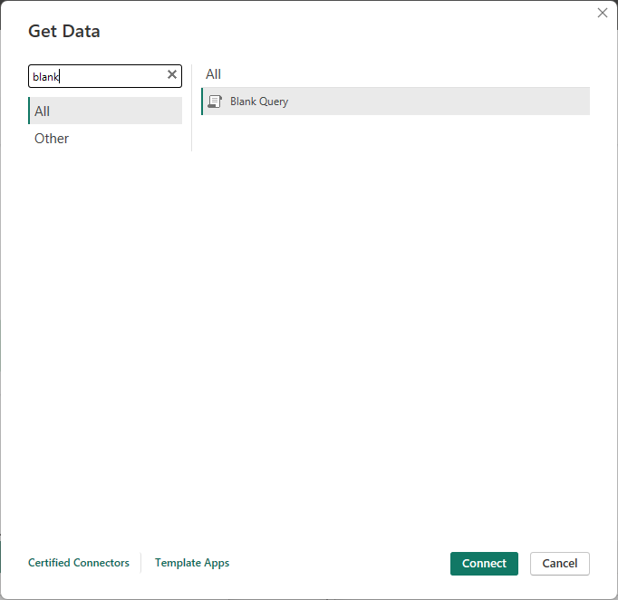 Power BI Get Data dropdown menu with Blank Query option