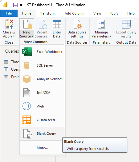 Power BI Get Data menu with Blank Query highlighted at the bottom of the list
