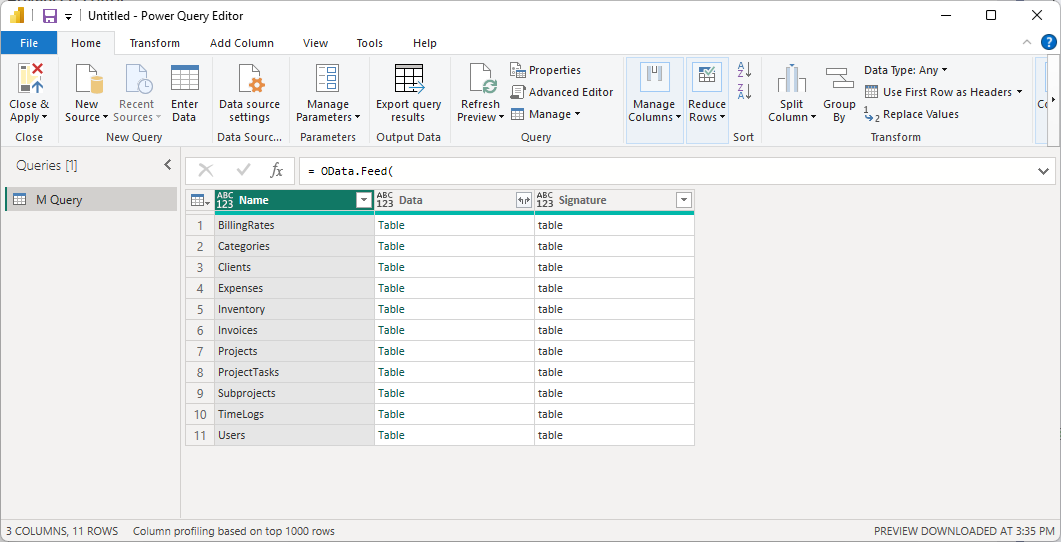 Power Query editor showing Maverick task records returned from the OData feed