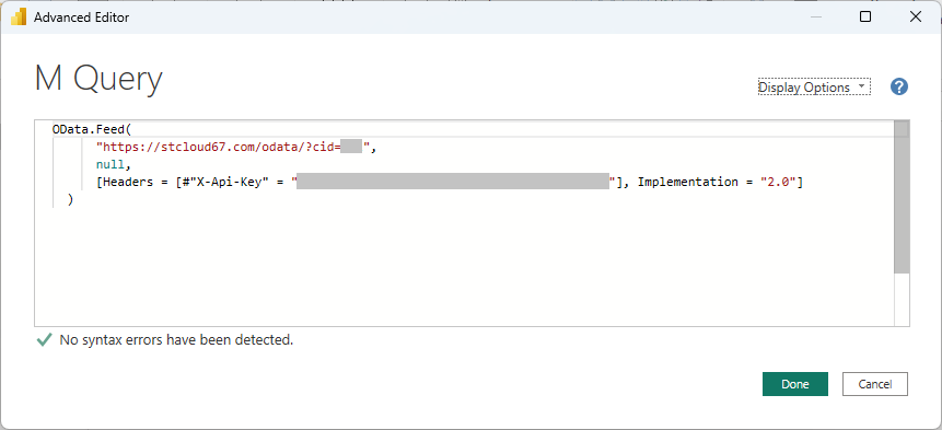 Power BI Advanced Editor showing the Maverick Projects OData M query pasted in