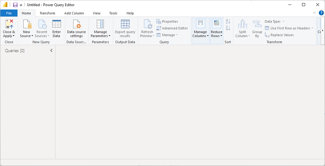 Empty Power Query editor window before the Advanced Editor is opened
