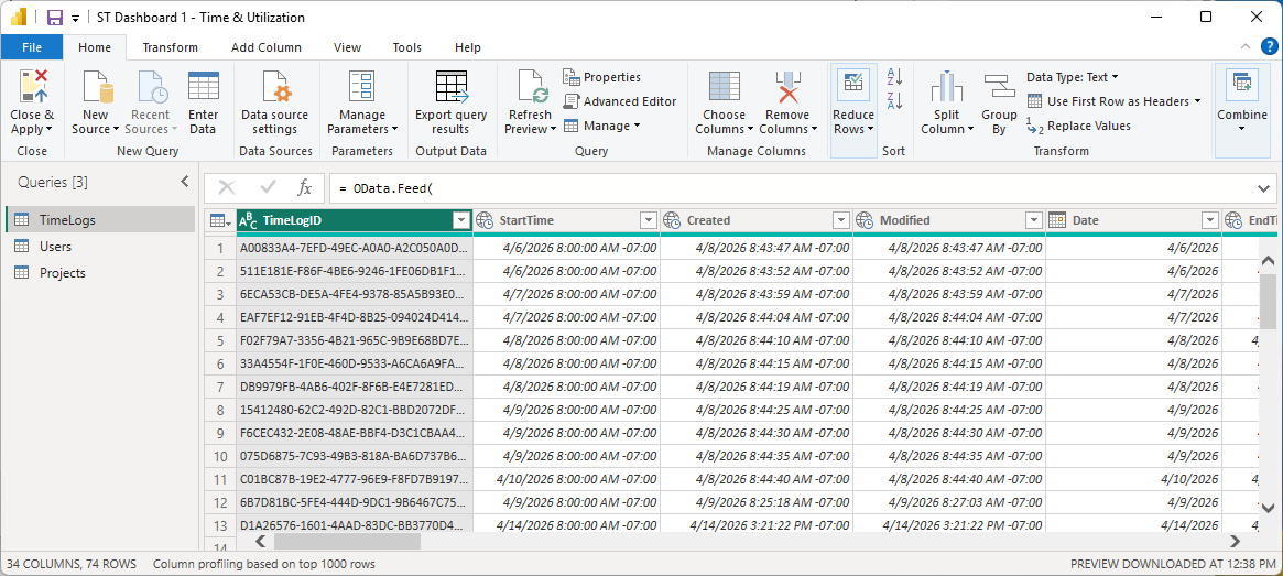 Power Query editor with Projects and ProjectTasks queries listed in the left panel