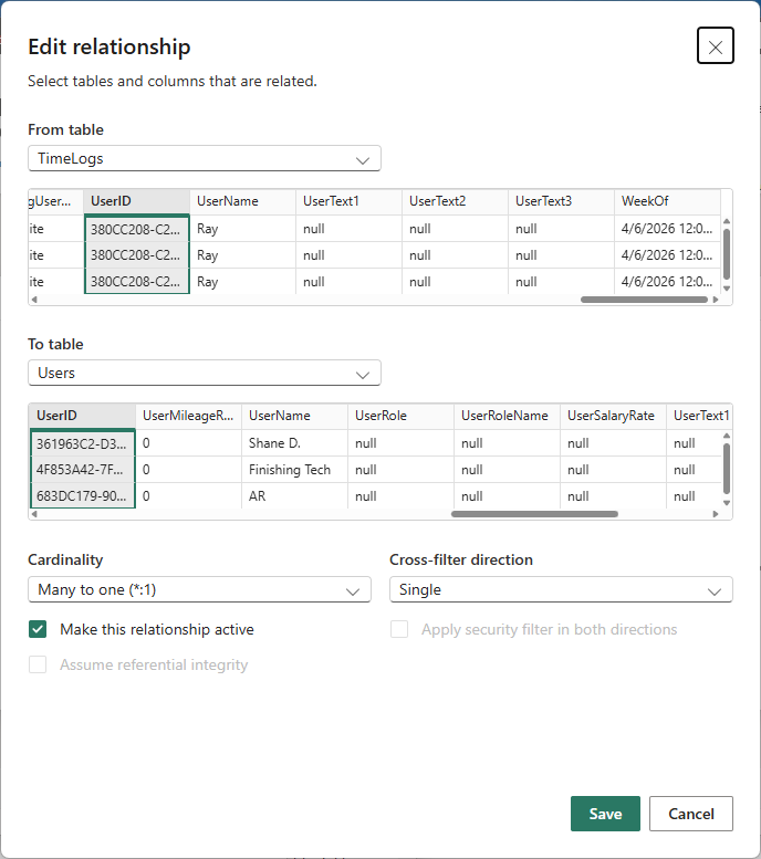 Power BI Edit Relationship dialog confirming the Projects to ProjectTasks one-to-many join