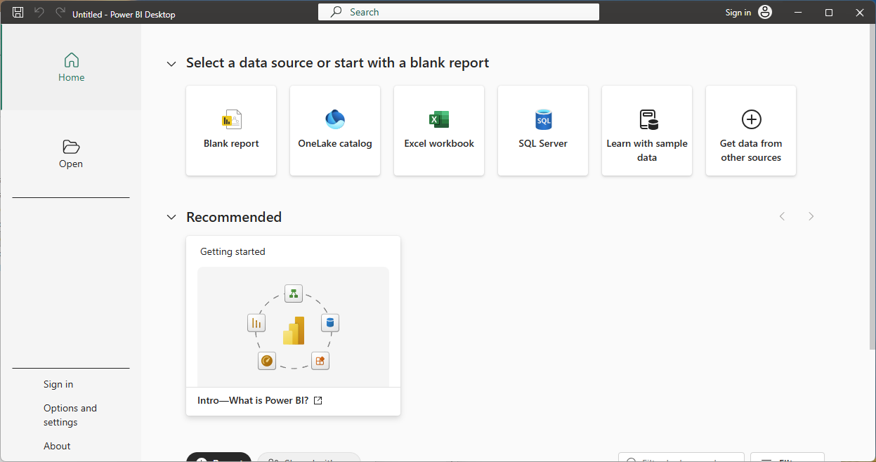Power BI Desktop blank report canvas after first launch