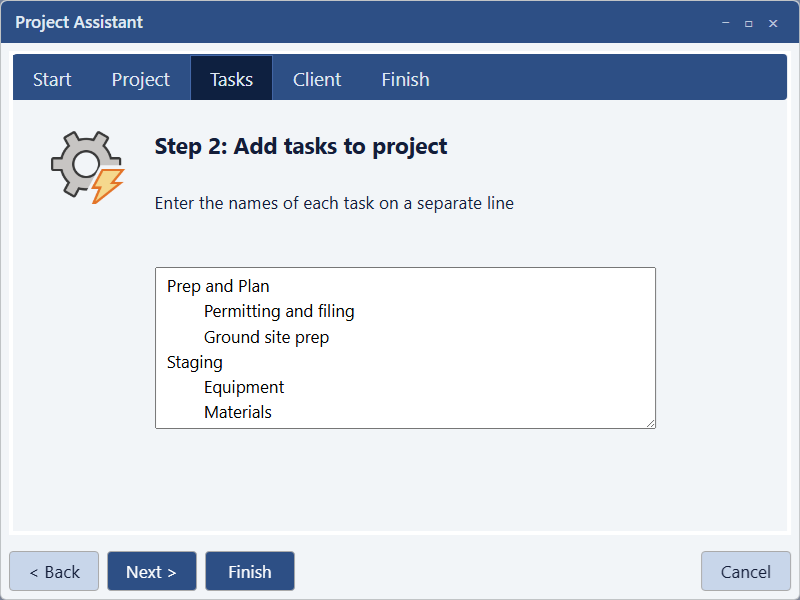 Project Assistant summaries and tasks view after import