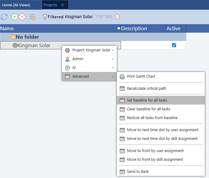 Right-click context menu showing Advanced > Set baseline for all tasks