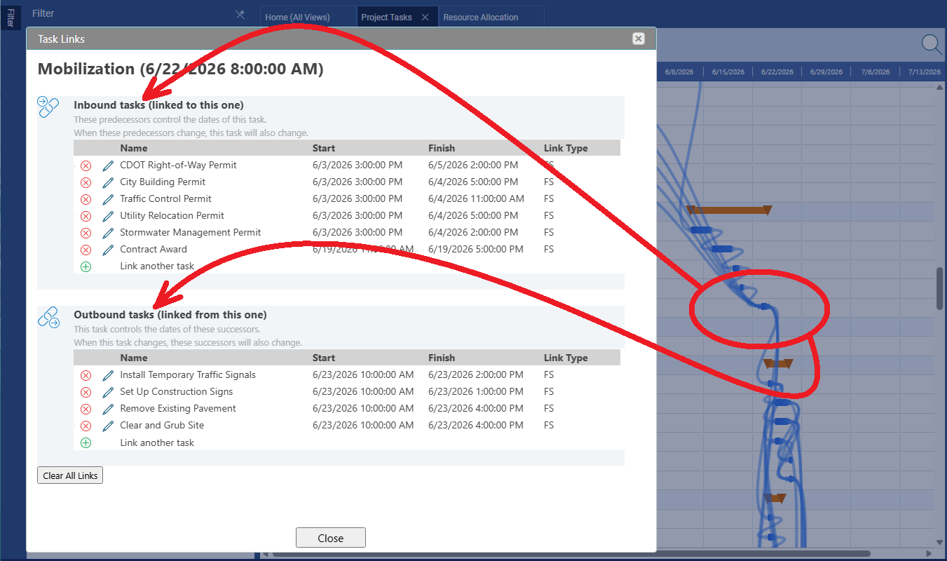 Link lines and dependency relationships visible in the project Gantt chart