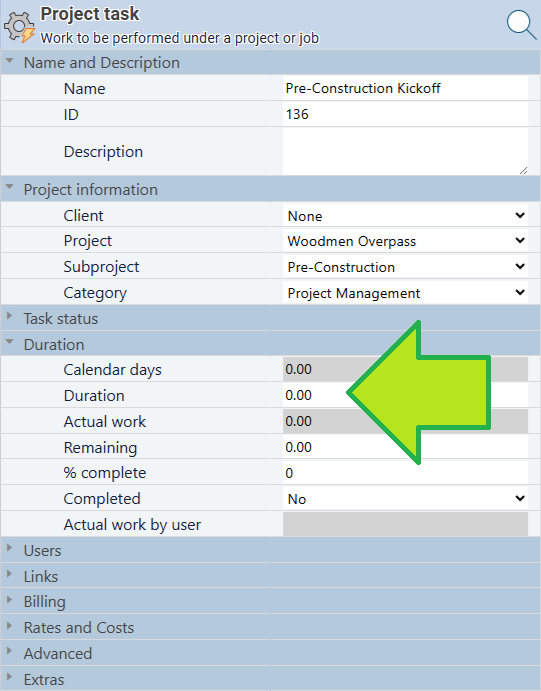 Maverick task properties dialog showing the Duration field set to zero hours, marking the task as a project milestone