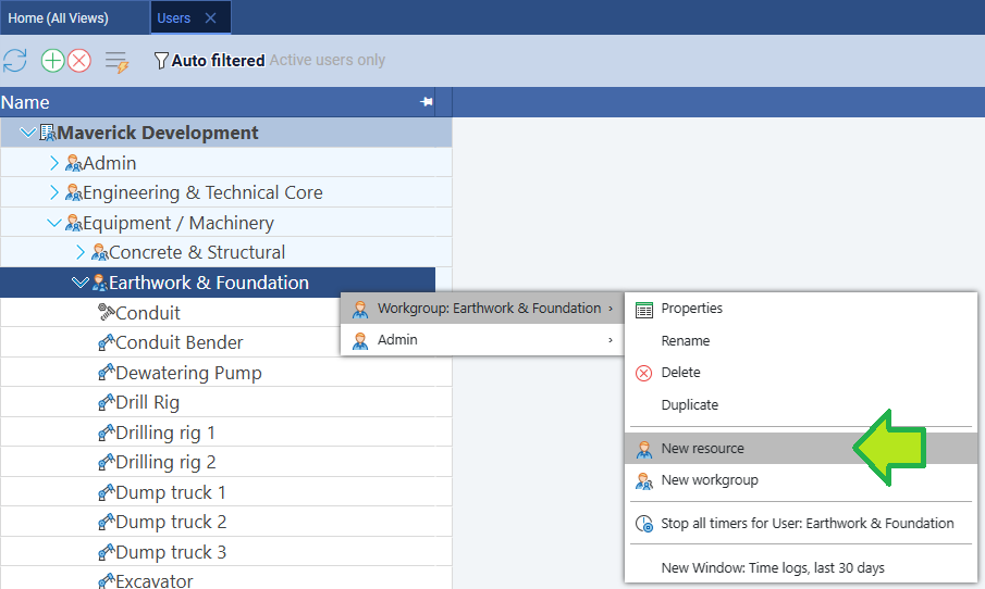 Creating a new resource in a workgroup with resource type selection
