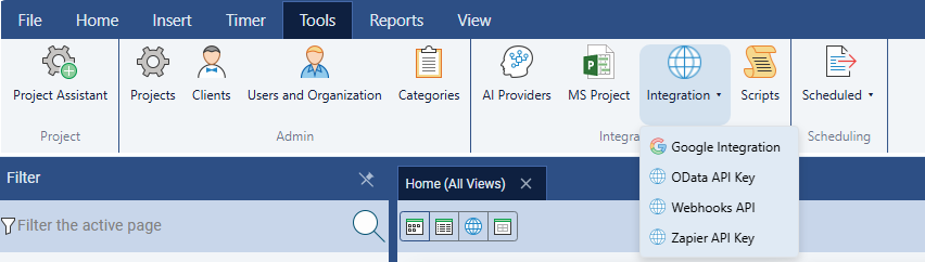 Maverick Tools ribbon with the Integration dropdown open, showing the Webhooks API option
