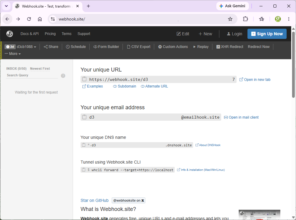 Webhook.site showing a freshly generated unique URL with no requests received yet