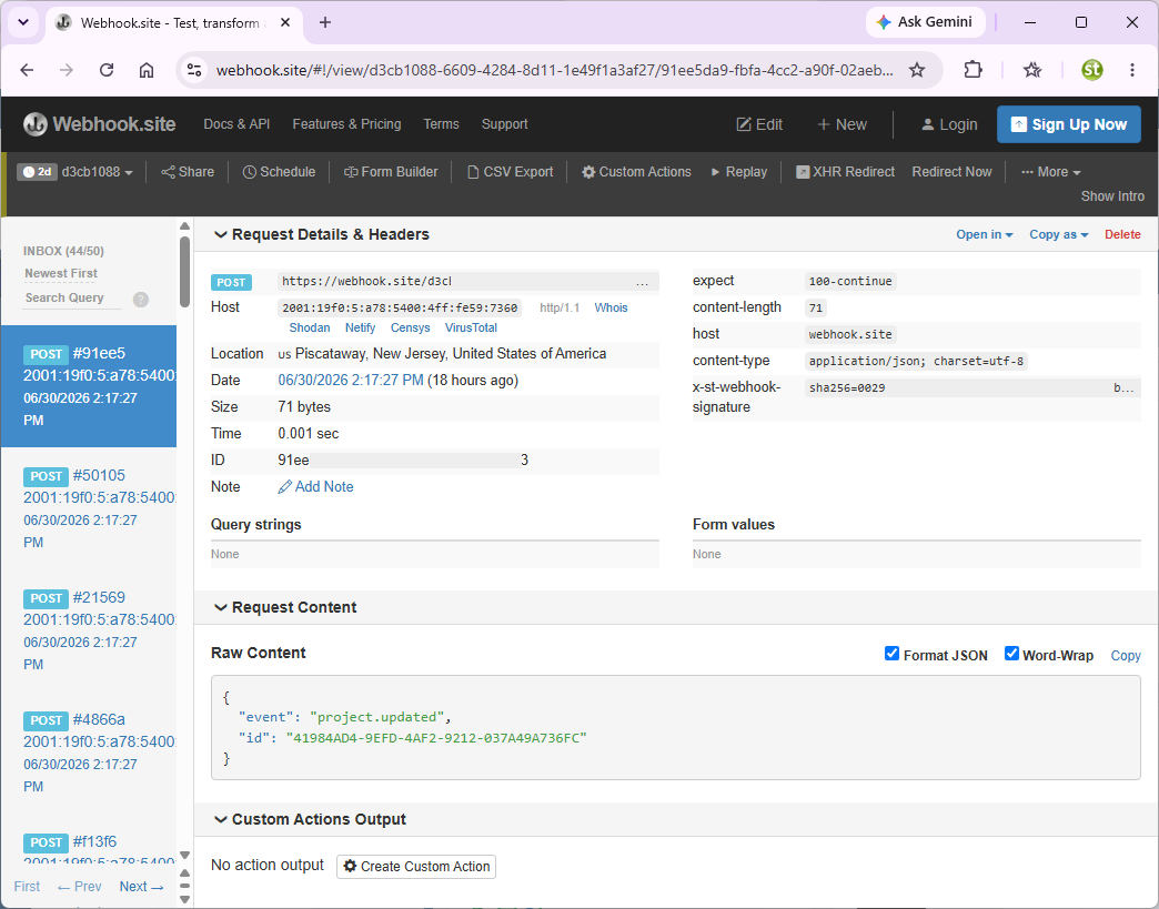 Webhook.site showing a received POST request from Maverick for a project.updated event, including the X-ST-Webhook-Signature header