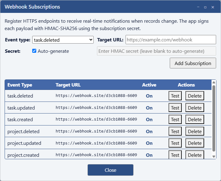 Maverick Webhook Subscriptions dialog showing a list of active subscriptions with Active toggles and Test buttons