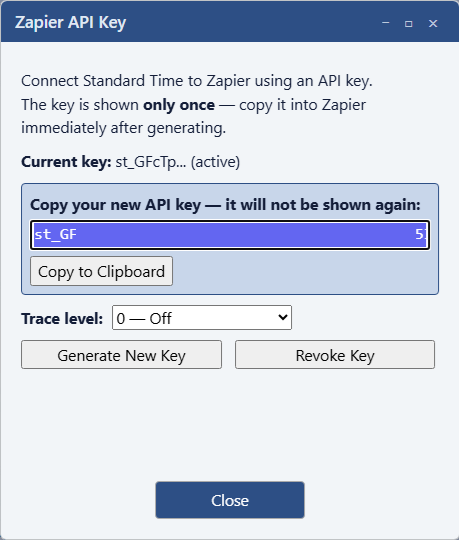 Maverick Zapier API Key dialog showing a freshly generated key with a Copy to Clipboard button