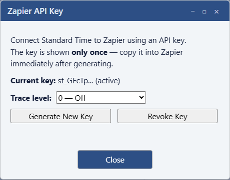 Maverick Zapier API Key dialog showing a masked existing key with Generate New Key and Revoke Key buttons