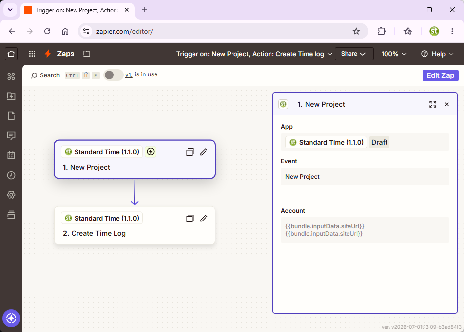 Zapier editor showing a Standard Time trigger step with its App, Event, and Account connection fields